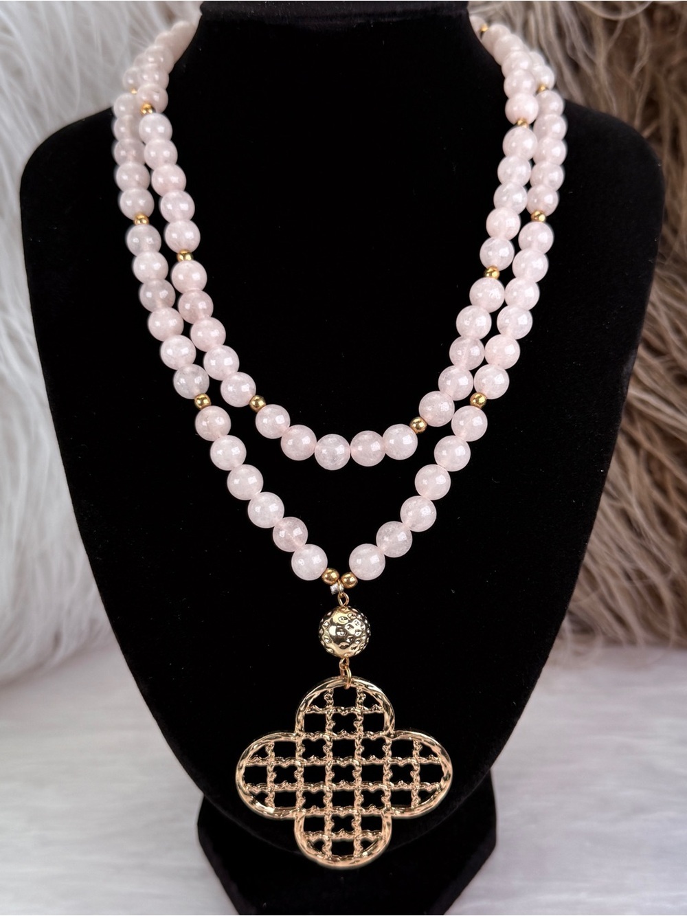 Long Blush Pink Beaded Necklace Goldtone Openwork Pendant Statement Boho